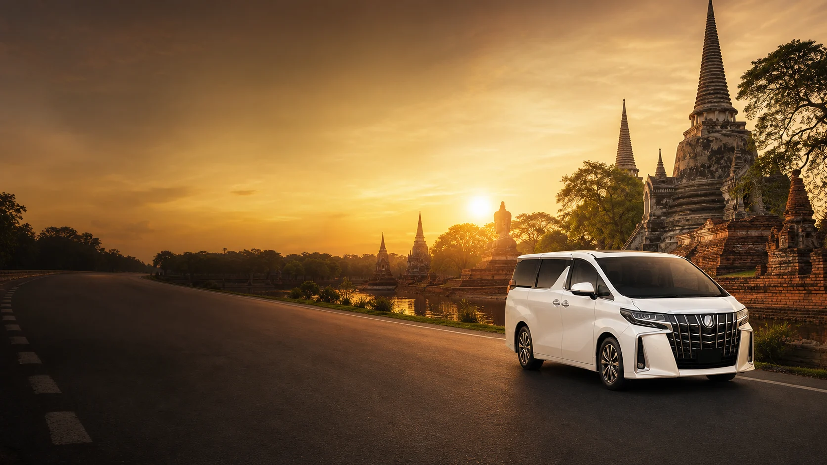 Private taxi and Ayutthaya temples at sunset in Thailand